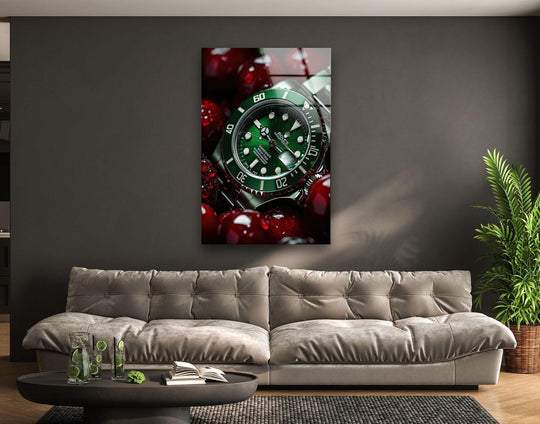 A luxury Rolex watch and glistening cherries create a captivating depth of layers on this unique glass wall art decor.