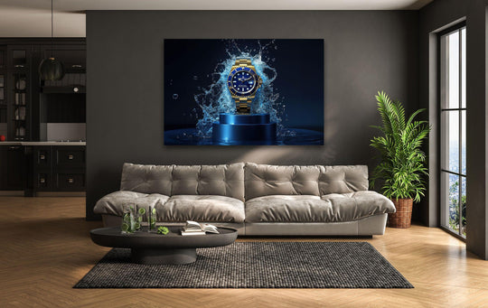A gold Rolex watch emerges from dynamic water splashes on this framed glass wall artwork, emphasizing its sleek edges.