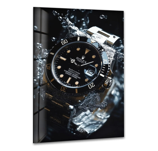 Close-up edge view of a Rolex watch glass art piece with water splashing around its border.