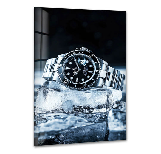 A luxury Rolex watch rests on cool blue ice, presented as stunning best glass art with a cold color temperature.