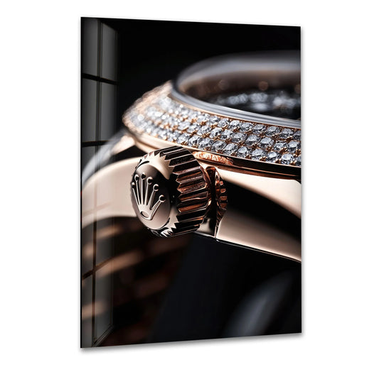 A close-up of a Rolex watch features organic forms in its diamond-encrusted bezel and crown, perfect for print wall art.