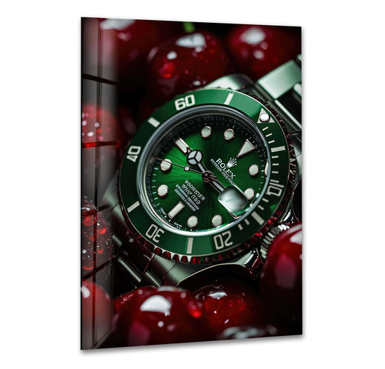 Darkest areas of luscious cherries frame a Rolex with cherry decorative wall art, showcasing a luxurious timepiece.