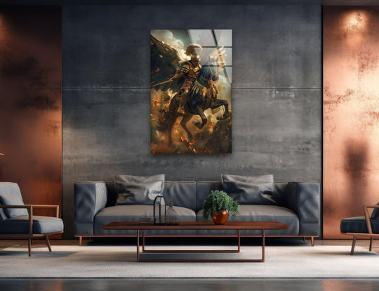 Illuminated by striking light, the Roman Warrior Glass Wall Art dominates the room as the loudest element, showcasing vibrant and detailed wall prints.
