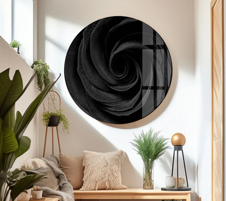 Black rose macro swirl adding moody botanical style to glass wall décor.