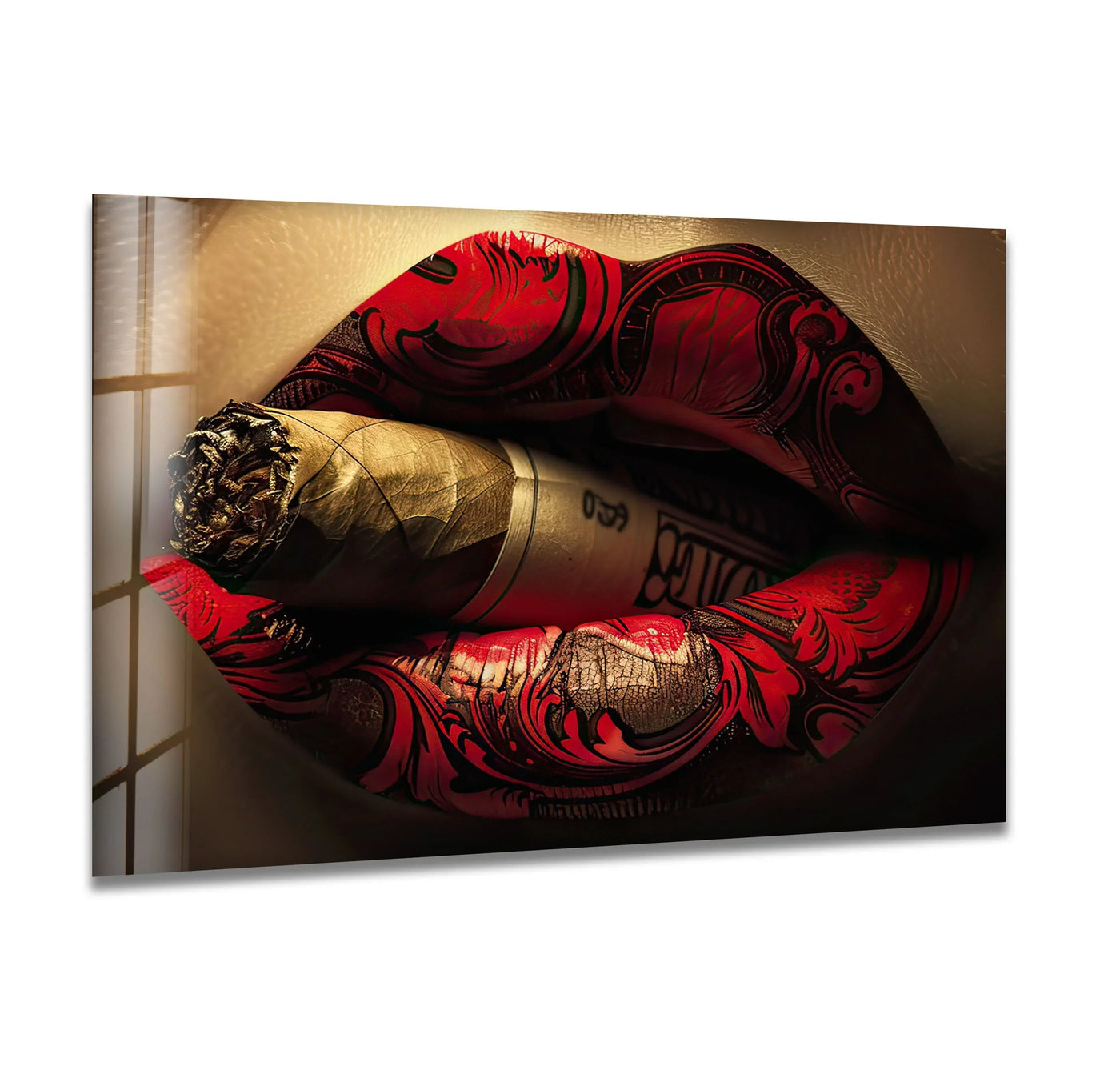 Vibrant red lips with intricate black patterns, showcasing intense color saturation in this tempered glass wall art.