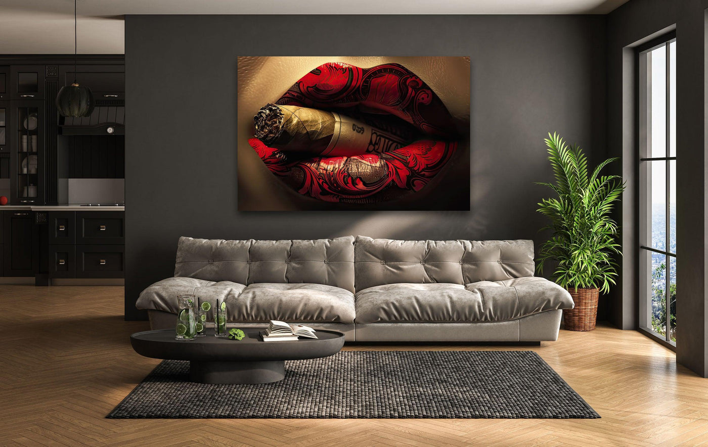 A modern living room features a dark grey wall and a large canvas picture of rouged lips smoking a cigar.