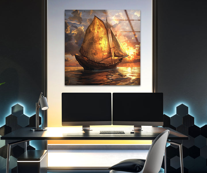 Majestic sailing ship at sunset, captured in stunning glass wall art.
