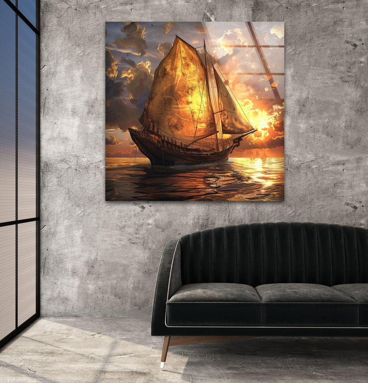 A beautifully detailed ship sailing into the horizon, printed on luxury glass.
