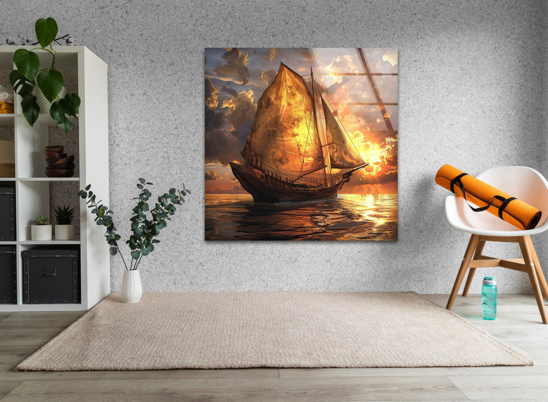 Nautical-inspired glass art with a breathtaking ocean voyage at sunset.
