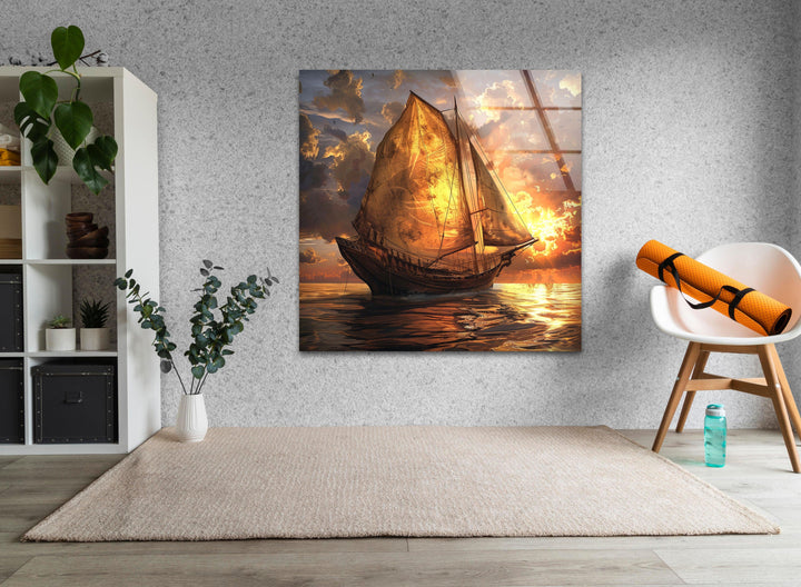 Nautical-inspired glass art with a breathtaking ocean voyage at sunset.
