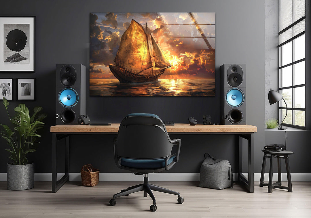Elegant maritime glass wall art with a dramatic sunset reflection on the sea.
