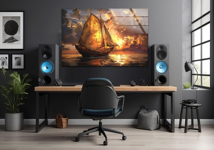 Elegant maritime glass wall art with a dramatic sunset reflection on the sea.

