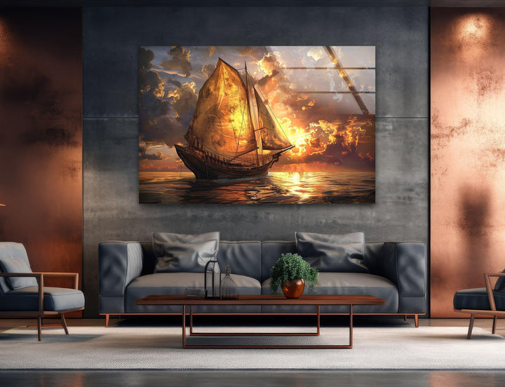Breathtaking sailing ship gliding through the ocean, printed on tempered glass.
