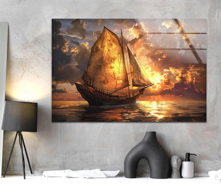 High-quality glass artwork of a vintage sailing ship illuminated by warm sunlight.
