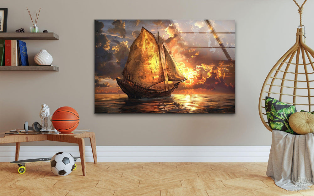 Nautical-themed glass wall decor featuring a golden sunset and ocean waves.
