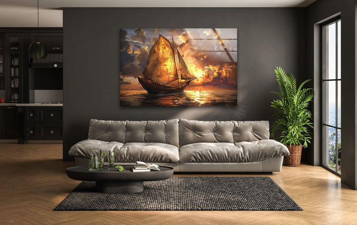 Serene ocean scene with a classic ship, perfect for nautical-inspired interiors.
