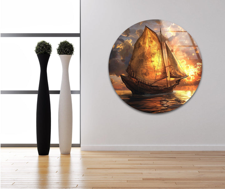 Stunning glass wall decor featuring a historic sailboat against a glowing sky.
