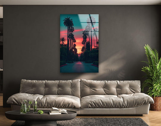 City Prints glass wall art palm trees sunset and San Diego Glass Wall Art plus glass pictures for wall and durable glass picture prints on a gray wall