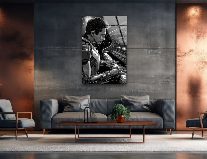High-contrast black and white Iron man artwork of a futuristic musician in armor seated at a piano.