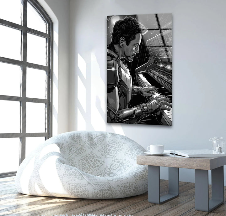 Bright window light enhances the Pianist Iron Man glass wall art decor, a stunning piece displayed against a plain wall in this airy room.