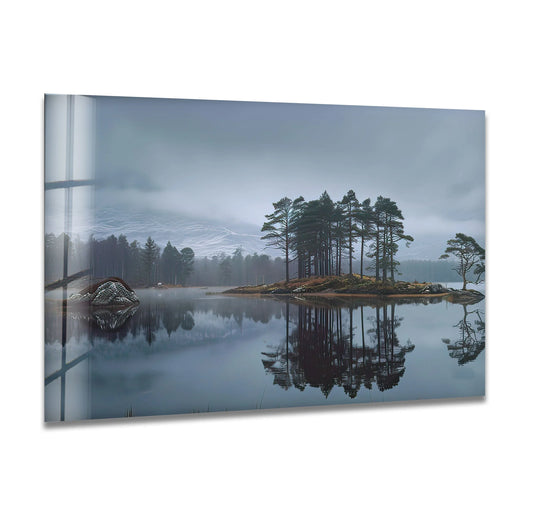 Mist curling over the still lake, this tranquil island reflection glass printing highlights the serene beauty of landscape wall art with a dreamy, soft quality.