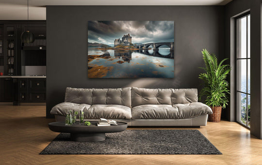 Scottish castle cool art print wall art captured in dramatic light and shadow, reflecting dramatically in the dark, still water.