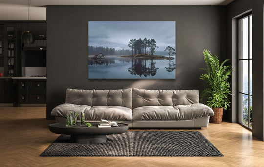 Ethereal mood conveyed in this tranquil island reflection glass art, where the serene lakeside escape captures a dreamy atmosphere through refined glass art.