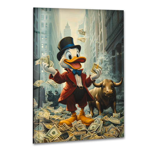 Geometric composition displays rich duck tempered glass wall art featuring angular buildings and scattered money, creating a dynamic financial district scene.