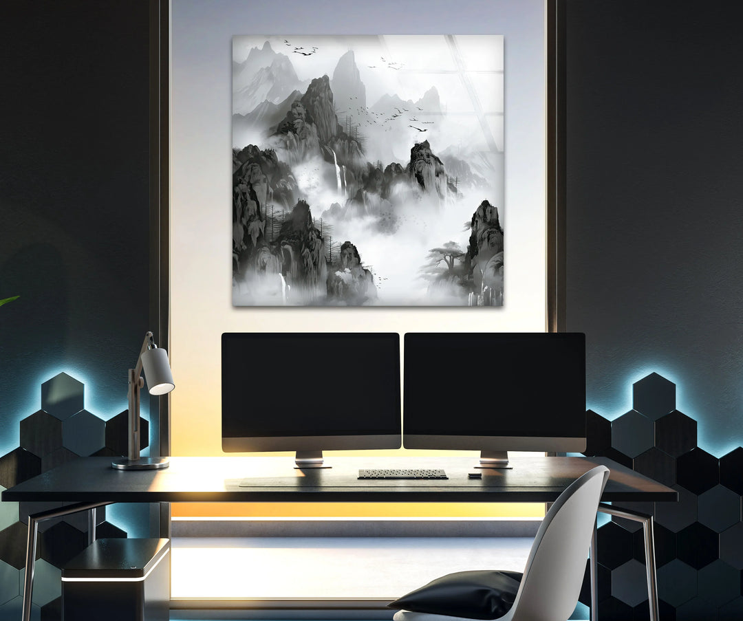 Atmospheric black and white mountain artwork with fog, rugged rocks, and subtle tree details.