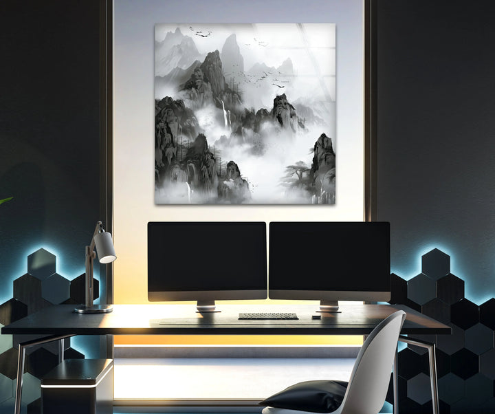 Atmospheric black and white mountain artwork with fog, rugged rocks, and subtle tree details.