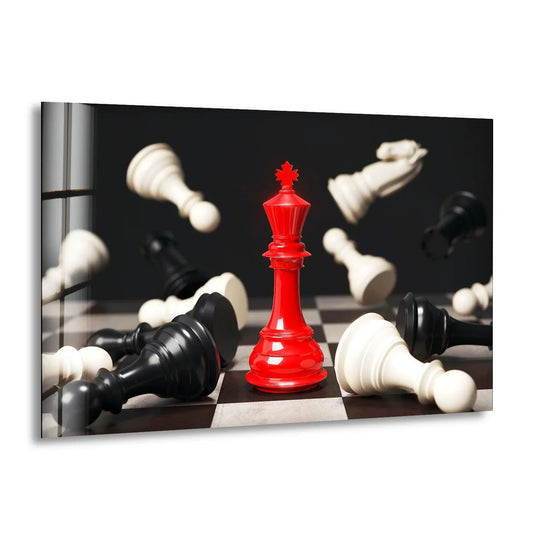 A striking red queen dominates this layered glass art painting, commanding a scene of fallen chess pieces.