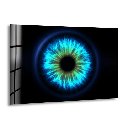 This blue eye glass wall art prints features a vibrant transition from deep blue to electric cyan and lime green.