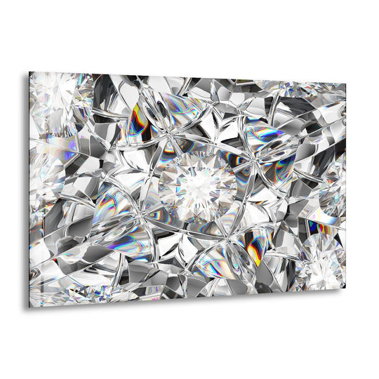 Close-up view of a brilliant diamond's facets, reflecting light and color, as part of a glass wall art decor.