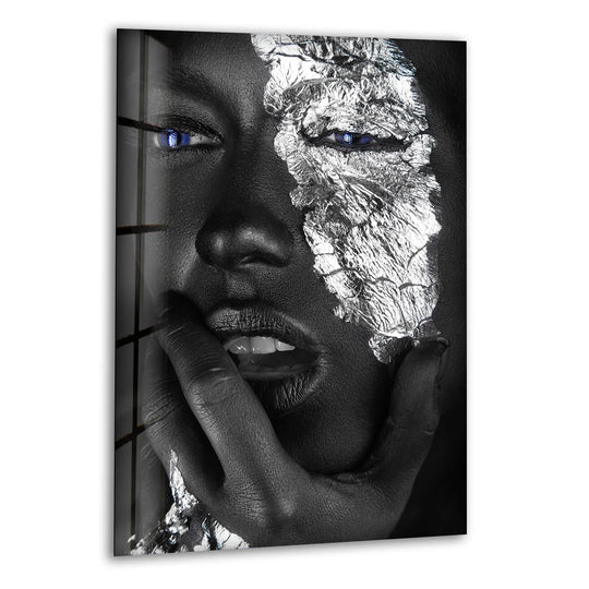 Glass wall art silver plated woman subject and cool art for walls with bold modern elegance and radiant details