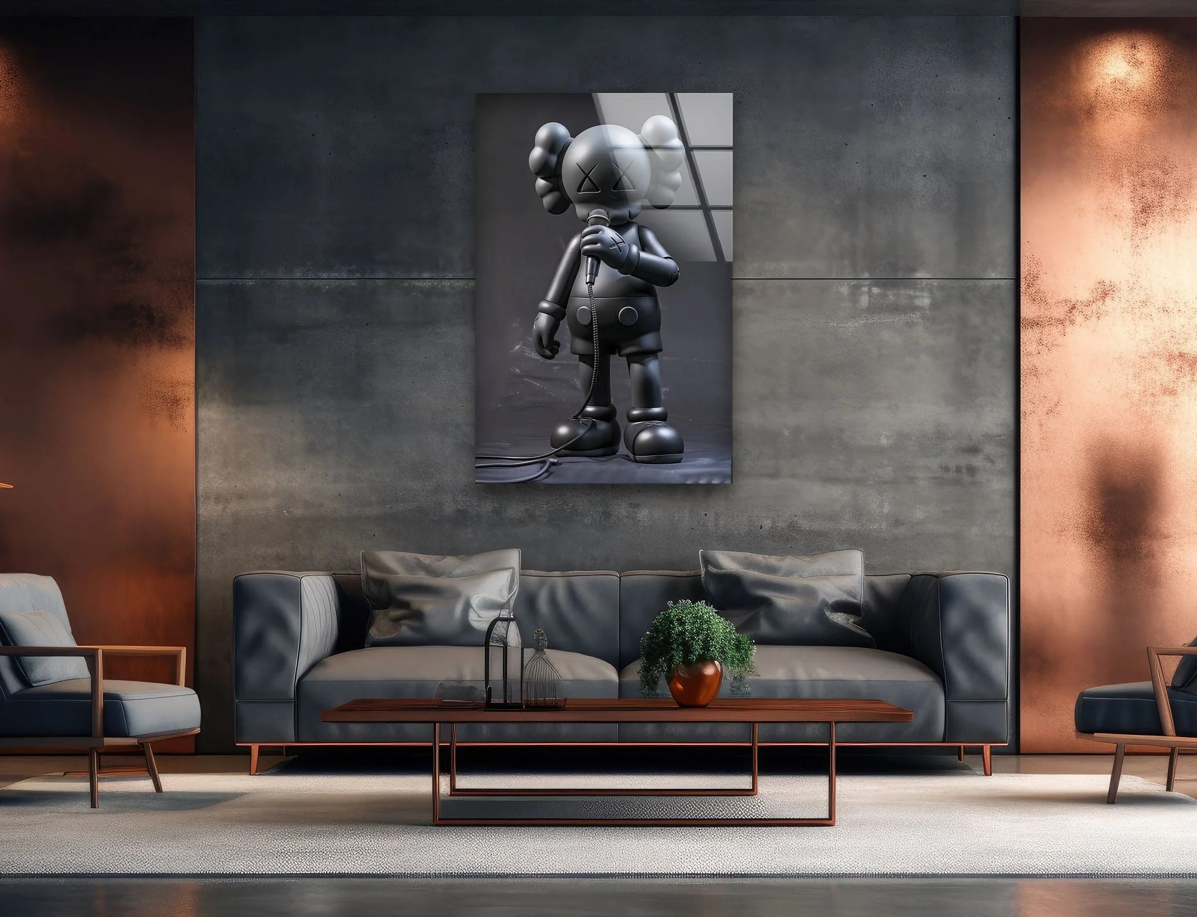 Singer Black Kaws Glass Wall Art – Minimal Pop Style – MyPhotoStation