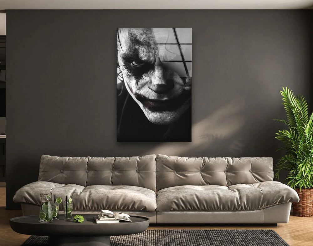 Expressing a sense of imminent motion, the dark clown portrait on wall art prints captures the intense gaze and distorted makeup, seemingly shifting before your eyes.