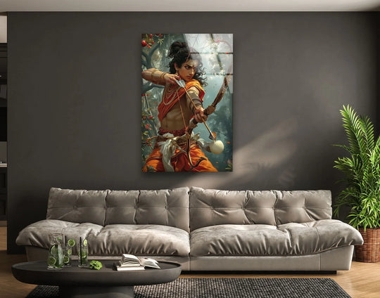 Warm color temperature highlights the Shiva glass wall prints, bathing the divine warrior decor in a soft light that accentuates its artistic detail.