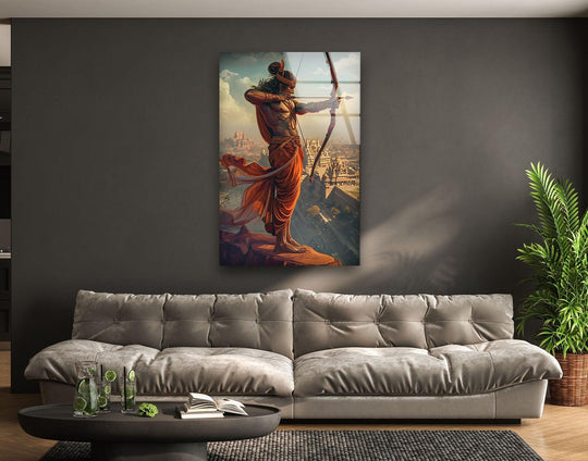 Aimed and ready, the central subject of this divine Kanta God glass art painting showcases a powerful religious warrior amidst an ancient city.