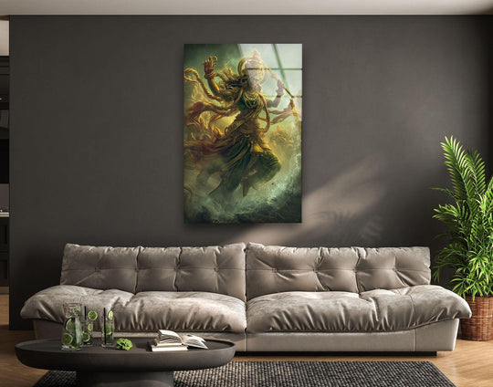 Darkness highlights the gold shiva religious art from glass in this spiritual warrior piece, casting shadows around the divine figure and enhancing its ethereal presence.