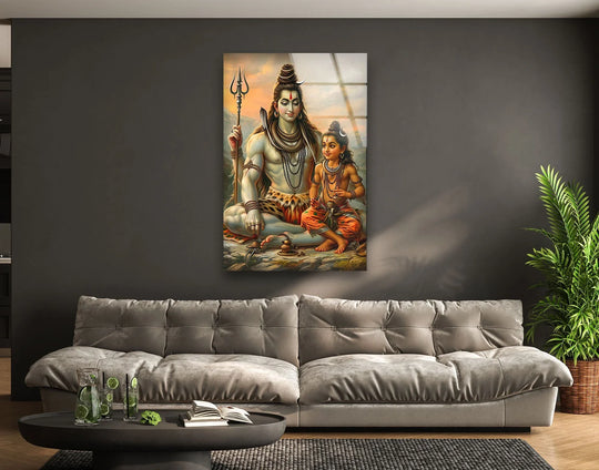 Behind the Shiva Buddha glass wall art, a dark gray wall and glimpses of minimalist home decor create a sophisticated, modern backdrop.