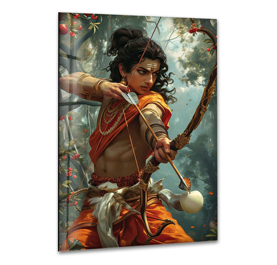 Visual rhythm flows through this shiva religious glass wall art, bringing movement to the divine archer, showcasing the best glass art for your spiritual space.