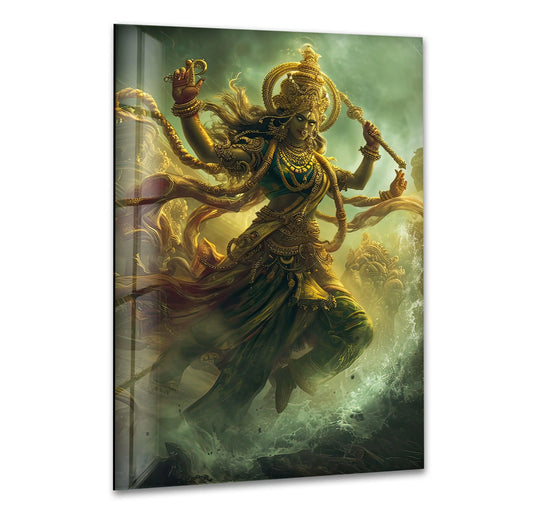 The stillness of the Gold Shiva is captured in this spiritual print wall art, radiating the deity's power amid turbulent ocean waves.