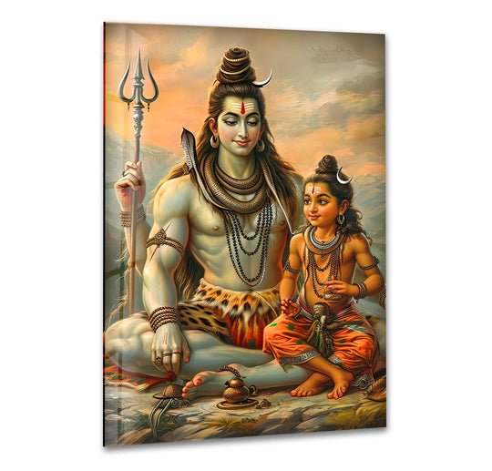 The central subject, Shiva Buddha, is showcased in this vibrant Shiva Buddha glass art, a religious painting brought to life through 8K UV printing.