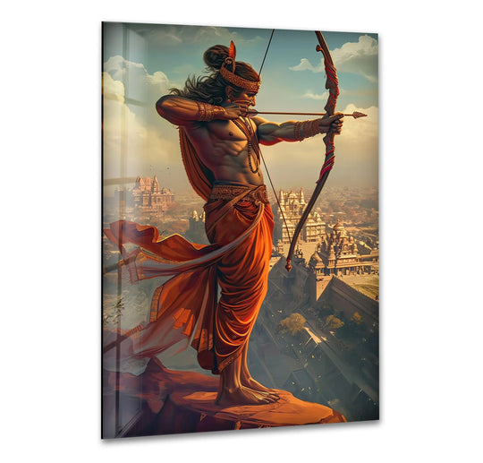 Arched bow and flowing drape of the Kanta God religion print wall art evoke an organic strength against a temple-filled cityscape.