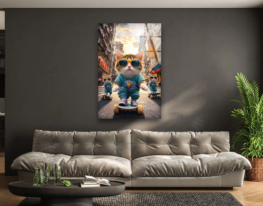 Skateboarder cats in a cityscape, displayed as sleek glass wall art decor.