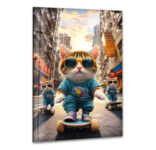Chubby tabby cats in sunglasses and blue outfits skateboarding down a city street are depicted as soft elements in this glass wall artwork.