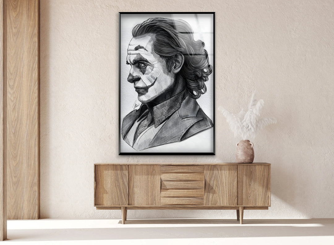 Dramatic portrait illustration on glass featuring strong makeup contrasts and deep shadows.