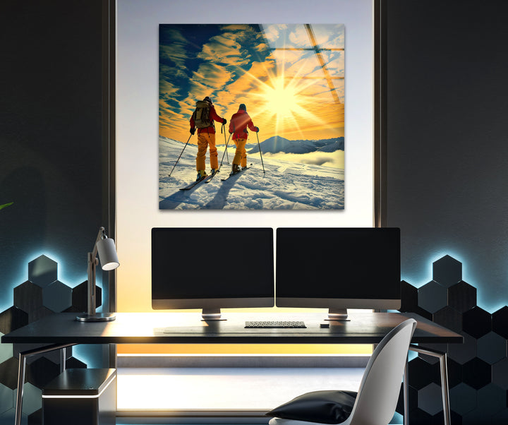 Skiing & Sunset Glass Wall Art photo print on glass, prints on glass wall art

