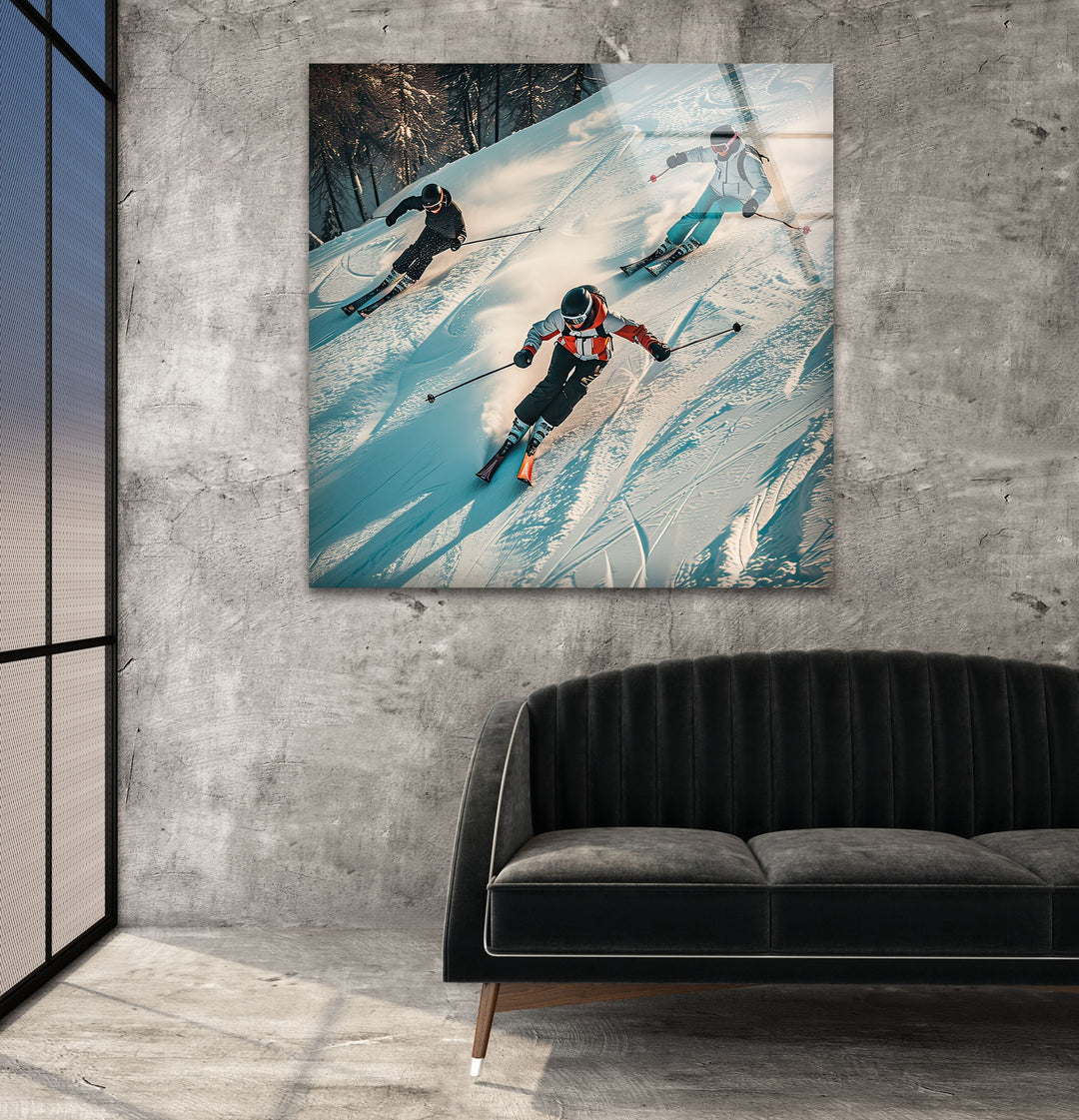 Skiing People Glass Wall Art print picture on glass, Tempered Glass Wall Art
