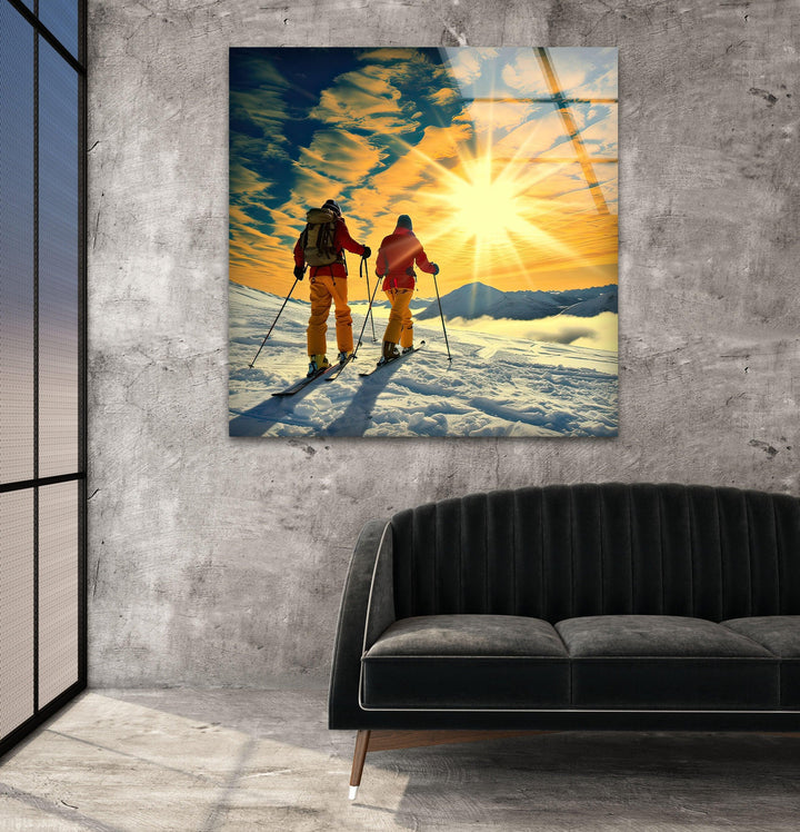 Skiing & Sunset Glass Wall Art glass pictures for Wall, glass prints wall art
